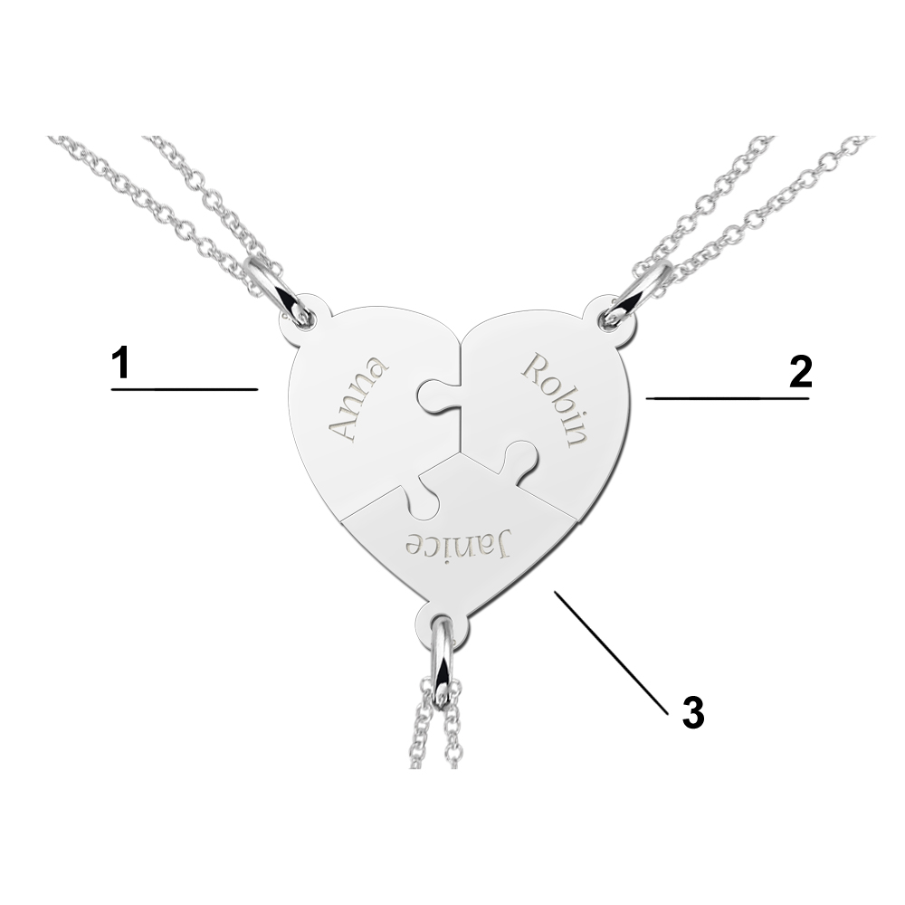 Collar corazón de plata de tres piezas de rompecabezas amistad