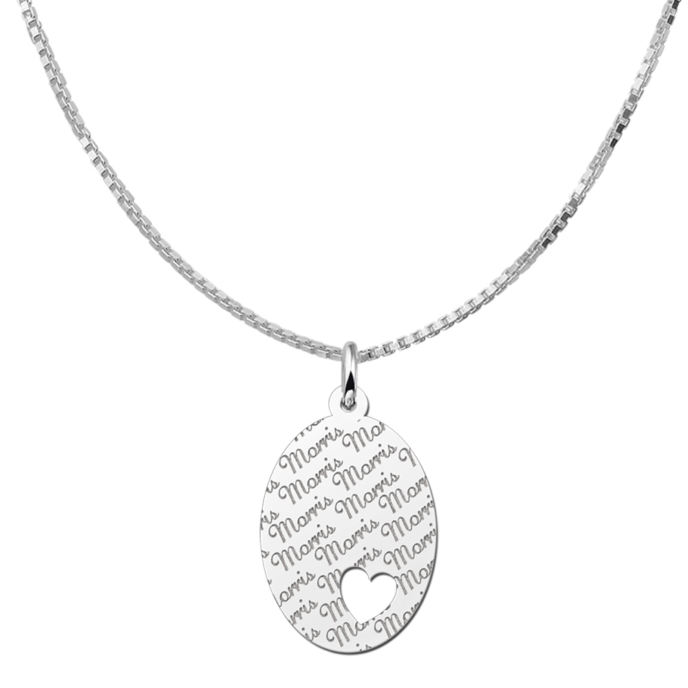 Colgante ovalado de plata patrón de nombre & corazón