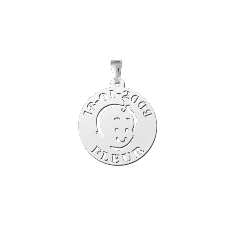 Colgante Redondo de Plata Carita de Bebé con Nombre y Fecha
