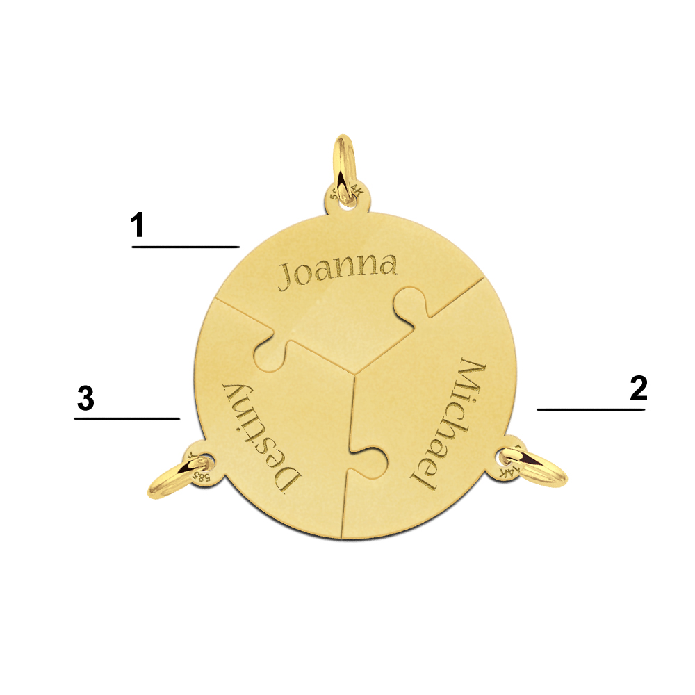 Colgante dorado de la amistad formado por tres piezas de puzle Colgante dorado de la amistad formado por tres piezas de puzle