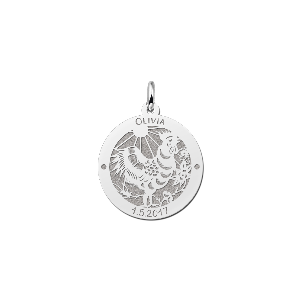 Colgante Redondo de Plata Signo del Zodiaco Chino Gallo con Grabado