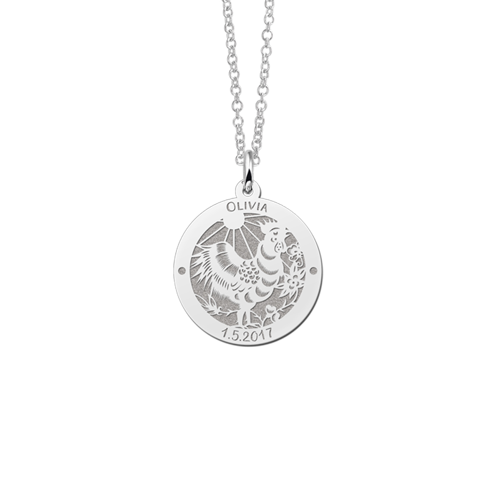 Colgante Redondo de Plata Signo del Zodiaco Chino Gallo con Grabado