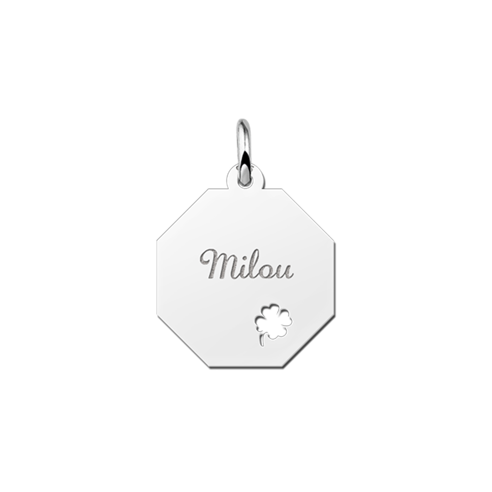 Colgante octogonal de plata trébol de 4 hojas