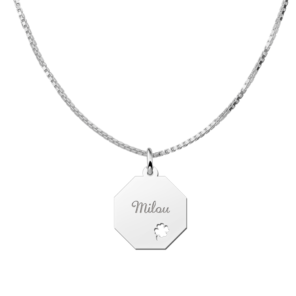 Colgante octogonal de plata trébol de 4 hojas