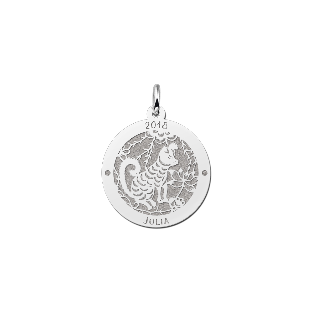 Colgante Redondo de Plata Signo del Zodiaco Chino Perro con Grabado