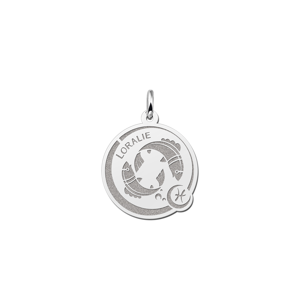 Colgante Redondo de Plata Signo del Zodiaco Piscis con Grabado de Nombre