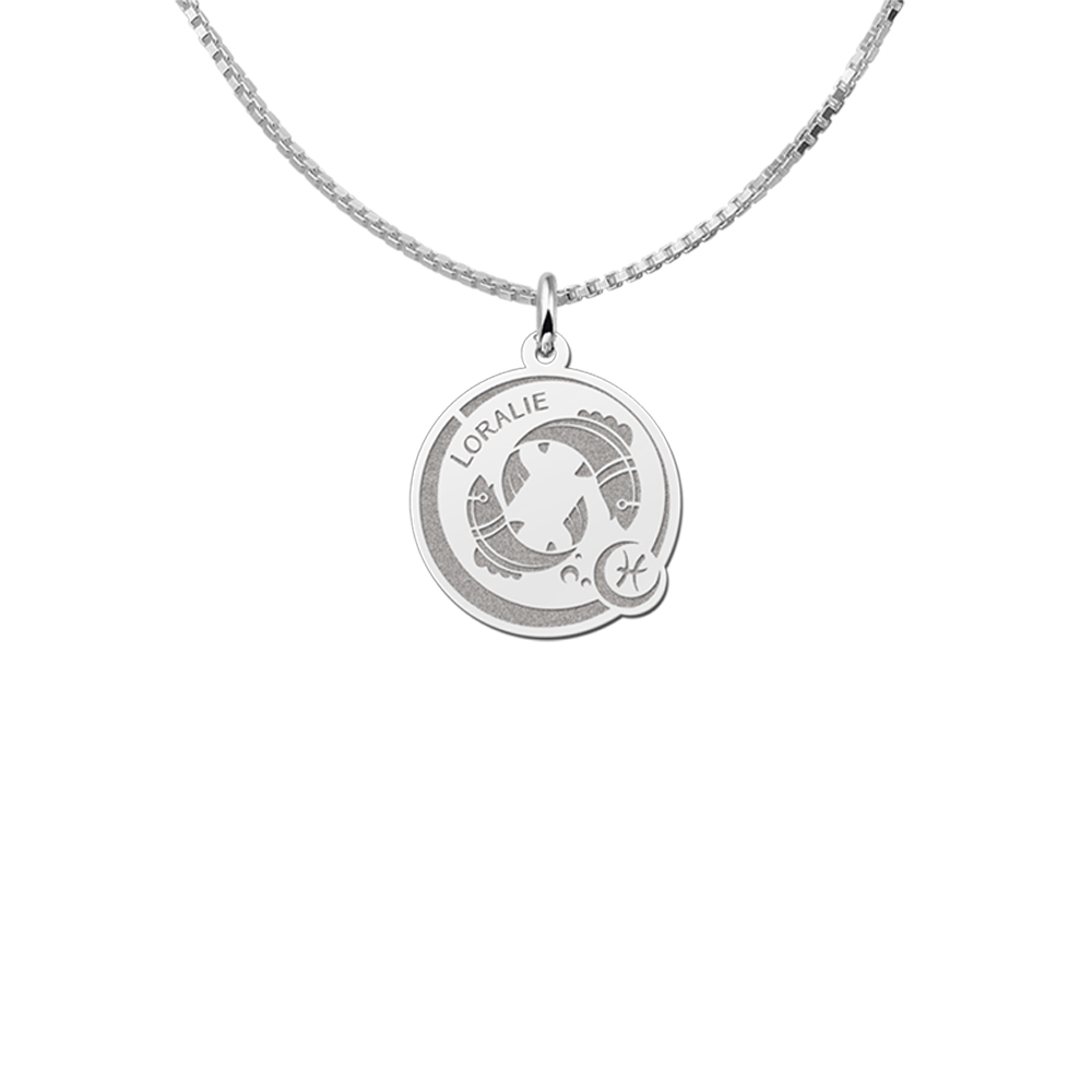 Colgante Redondo de Plata Signo del Zodiaco Piscis con Grabado de Nombre