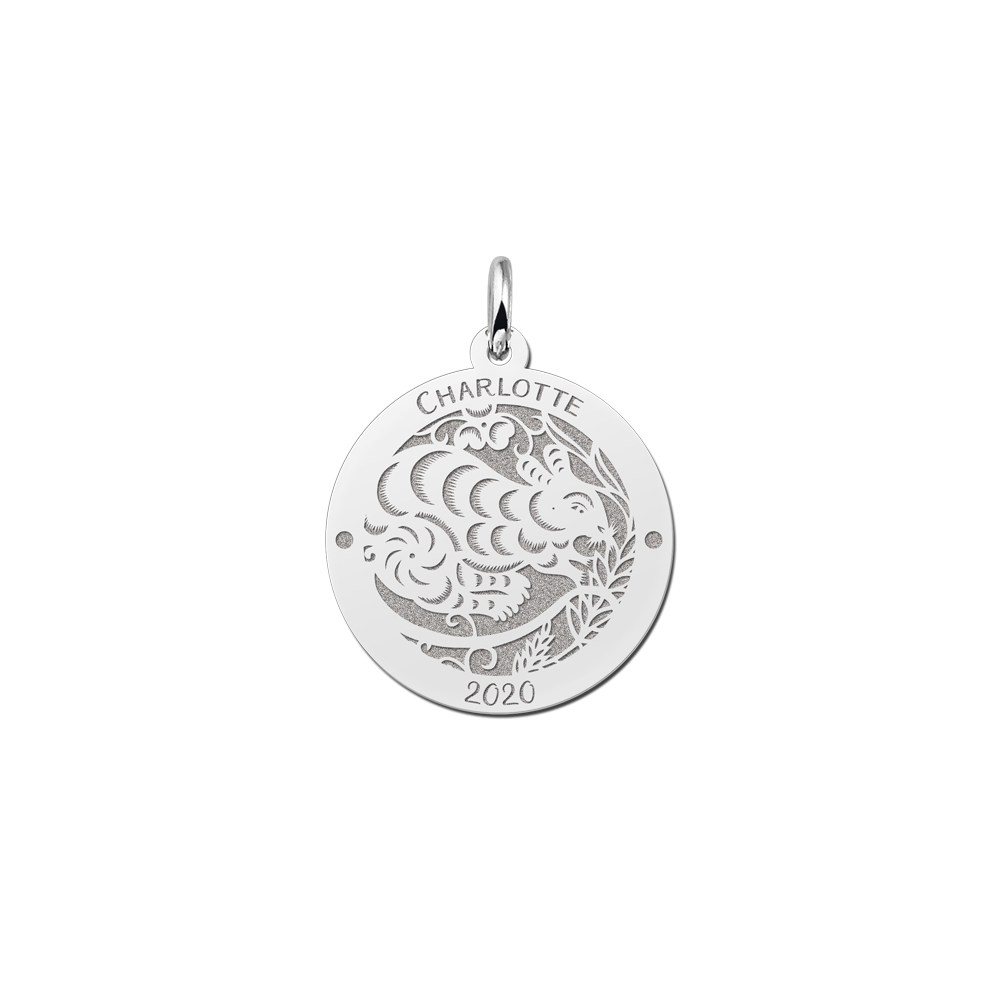 Colgante Redondo de Plata Signo del Zodiaco Chino Rata con Grabado
