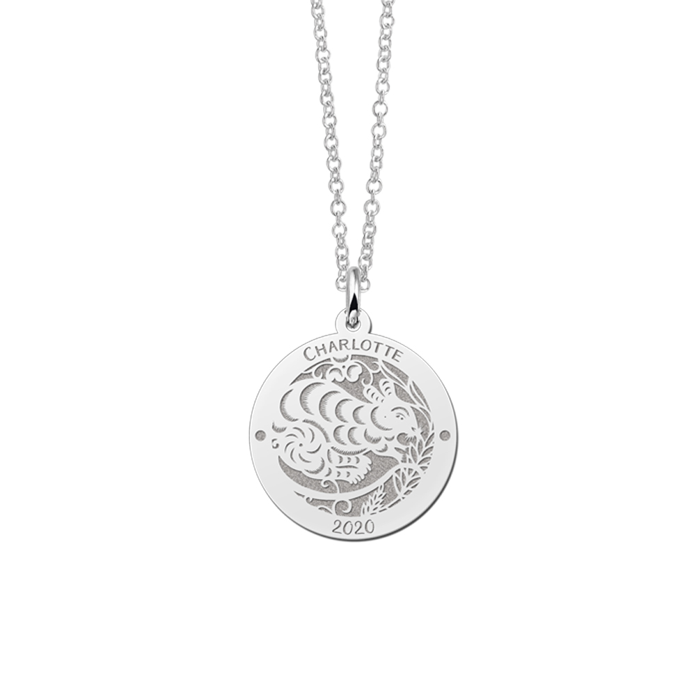Colgante Redondo de Plata Signo del Zodiaco Chino Rata con Grabado