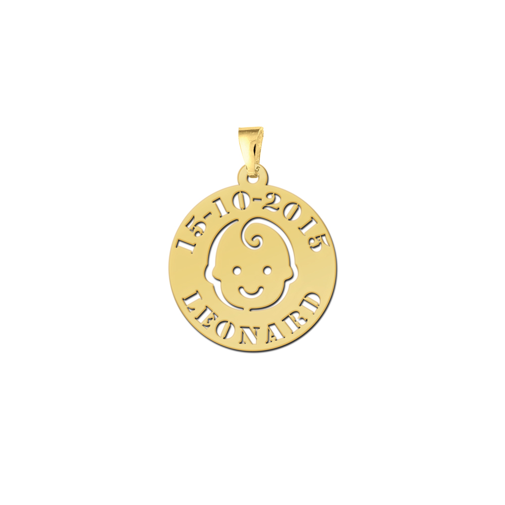 Colgante para bebé carita de bebé chapado en oro con nombre y fecha