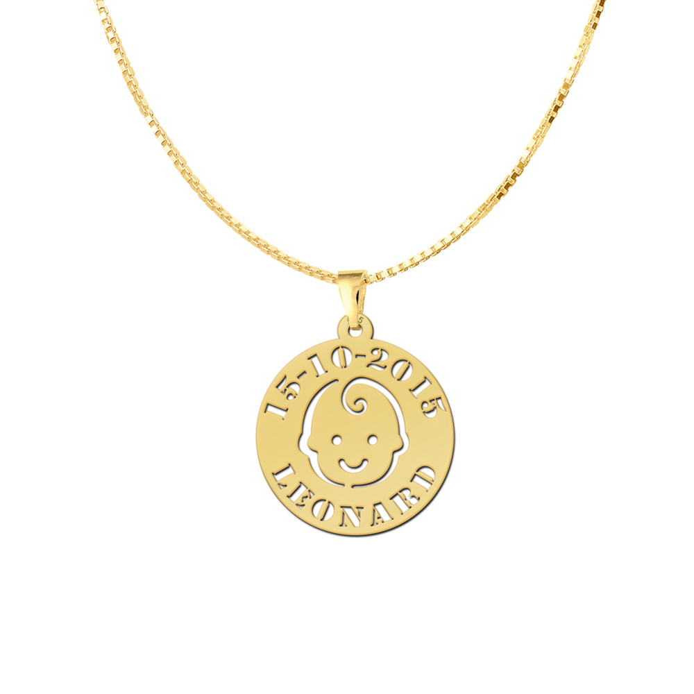Colgante para bebé carita de bebé chapado en oro con nombre y fecha