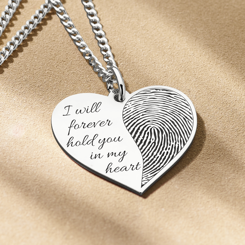 Colgante corazón de plata con huella dactilar y texto Colgante corazón de plata con huella dactilar y texto