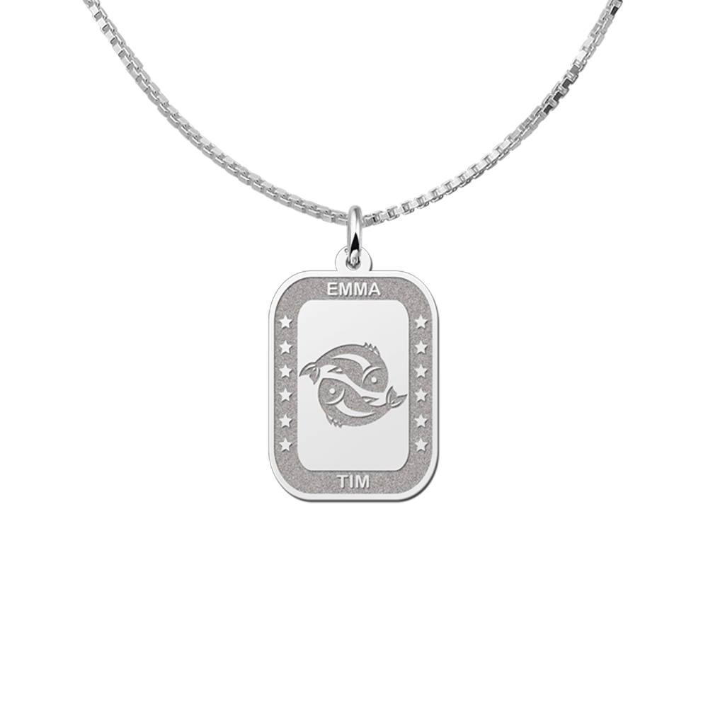 Colgante Rectangular de Plata Signo del Zodiaco Piscis con Grabado