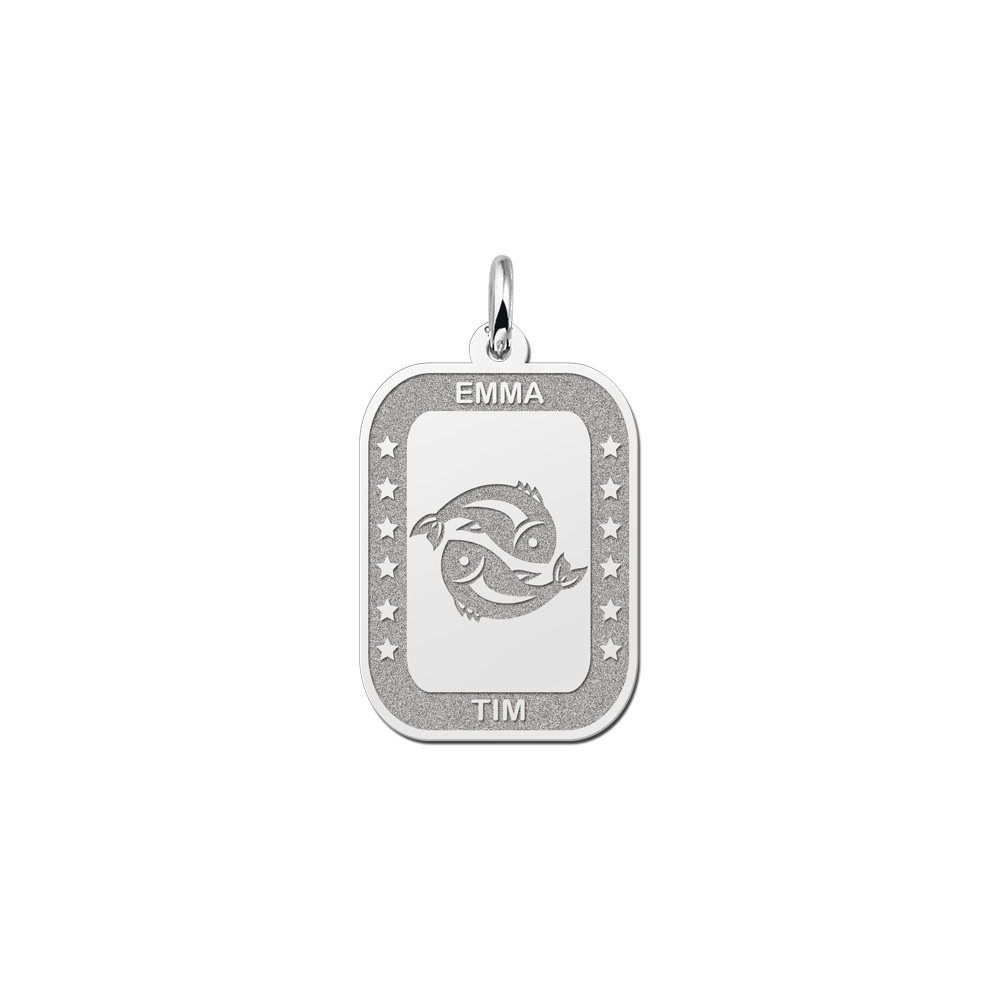 Colgante Rectangular de Plata Signo del Zodiaco Piscis con Grabado