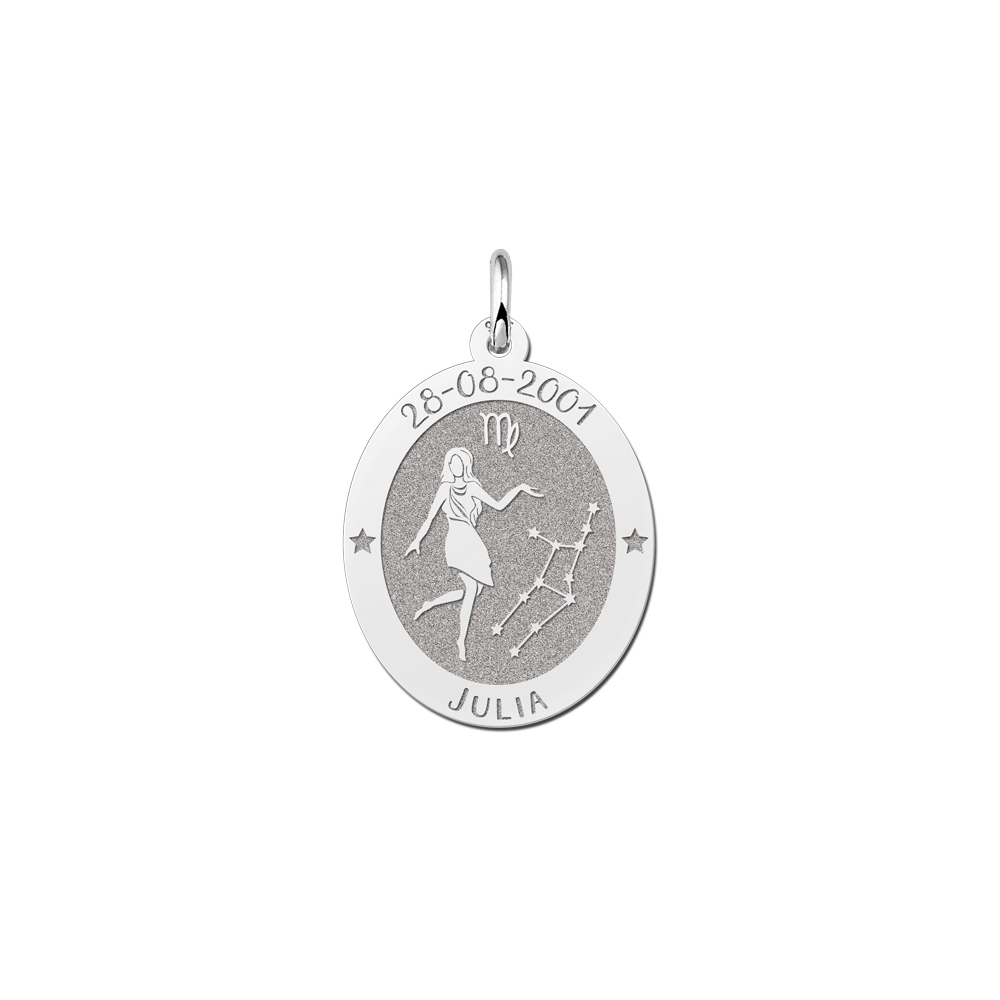 Colgante Ovalado de Plata Signo del Zodiaco Virgo con Grabado de Nombre