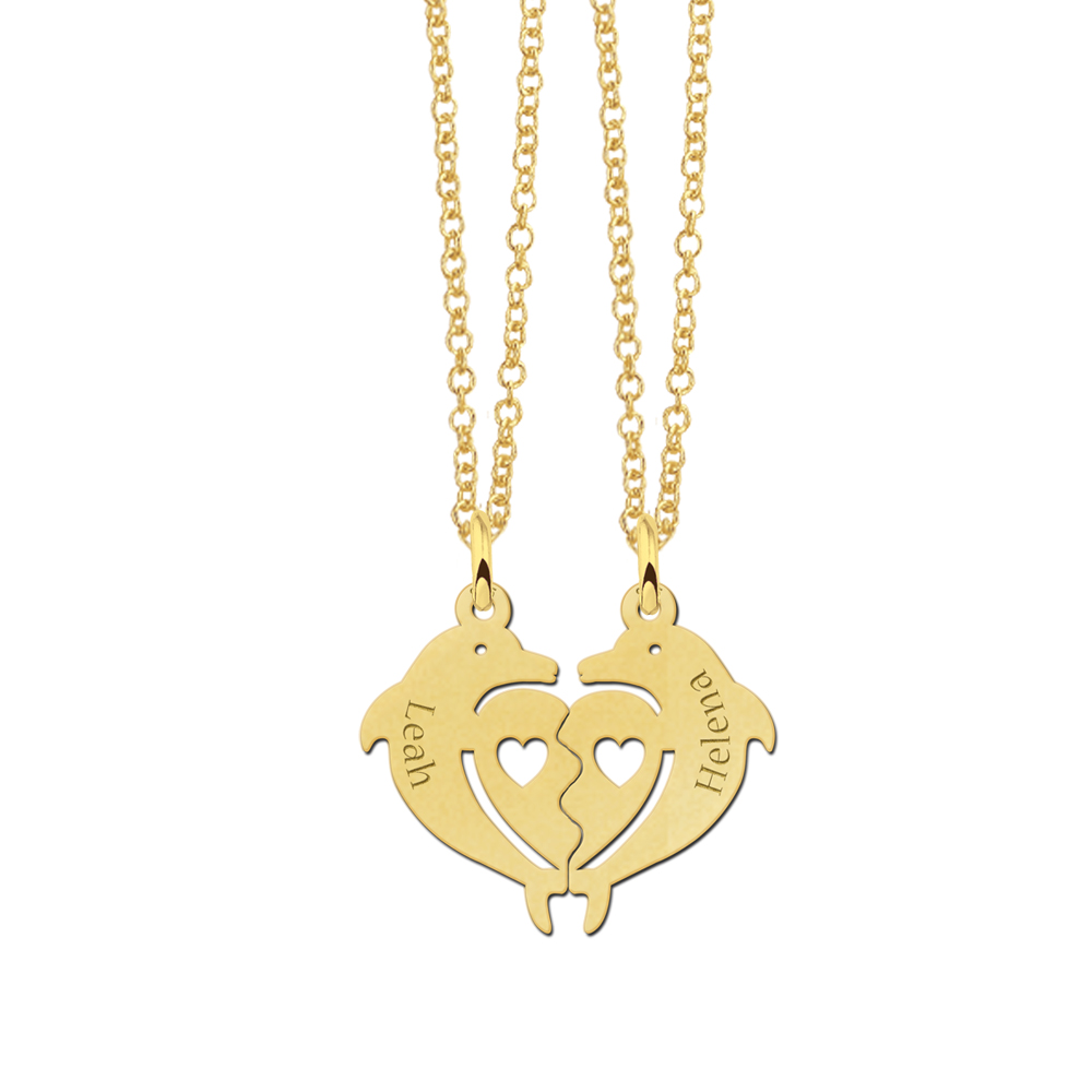 Colgante partido de delfines chapado en oro con nombres