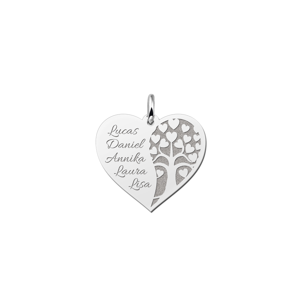 Colgante de corazón de plata con árbol de la vida y nombres grabados Colgante de corazón de plata con árbol de la vida y nombres grabados
