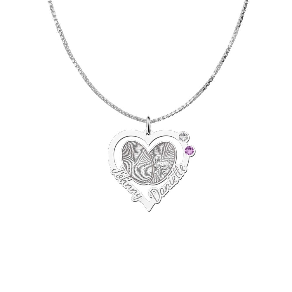 Colgante corazón de plata con dos huellas, nombres y piedras de nacimiento