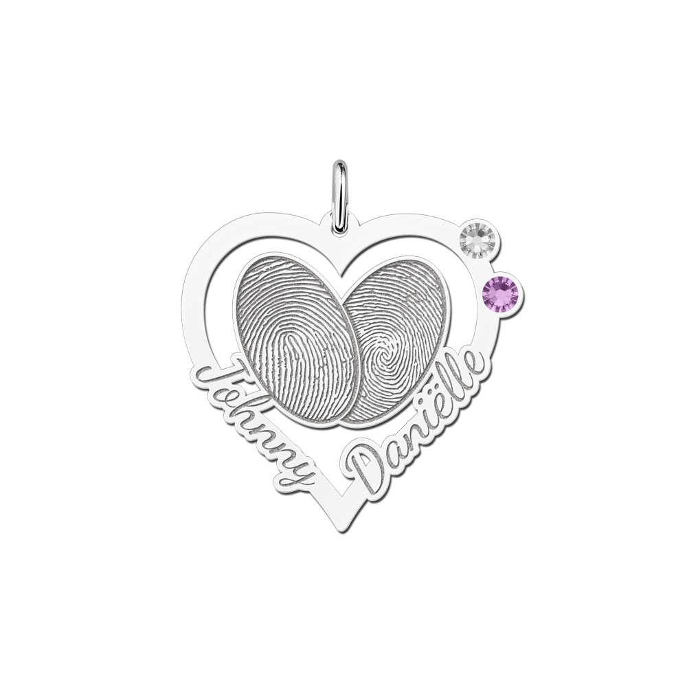 Colgante corazón de plata con dos huellas, nombres y piedras de nacimiento