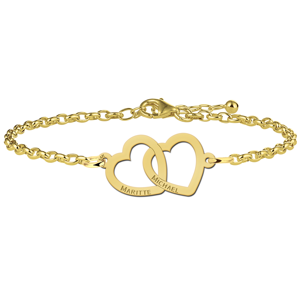 Pulsera de oro de 14 quilates con dos corazones unidos y nombres Pulsera de oro de 14 quilates con dos corazones unidos y nombres