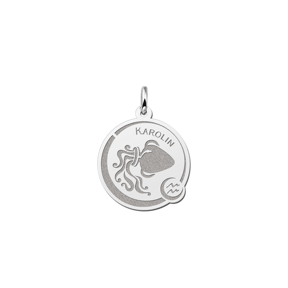 Colgante Redondo de Plata Signo del Zodiaco Acuario con Grabado de Nombre