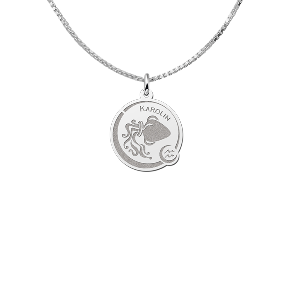 Colgante Redondo de Plata Signo del Zodiaco Acuario con Grabado de Nombre