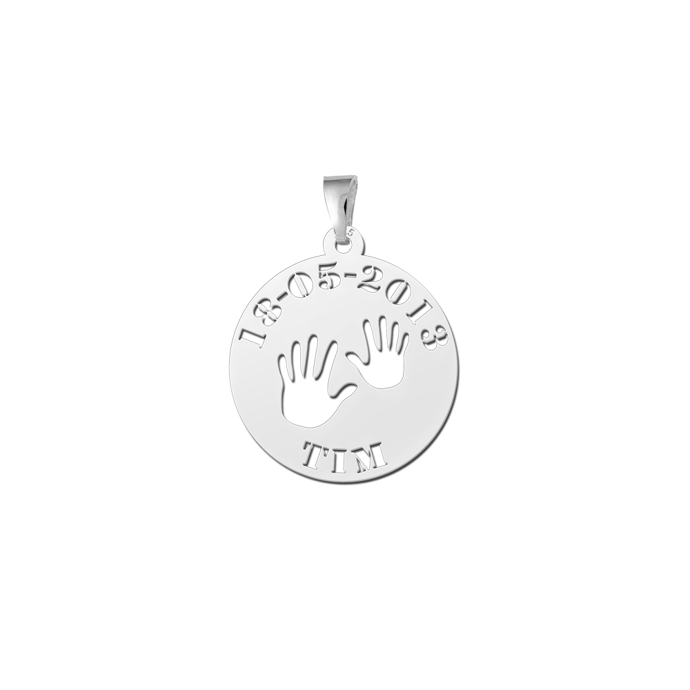 Colgante bebé de plata con manitas, nombre y fecha