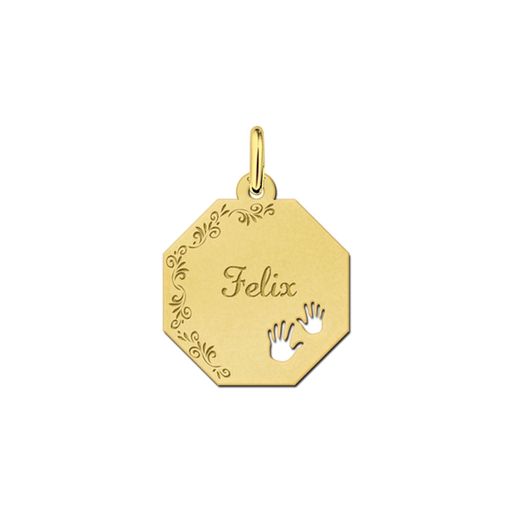 Colgante octogonal chapado en oro con borde de flores y manitas