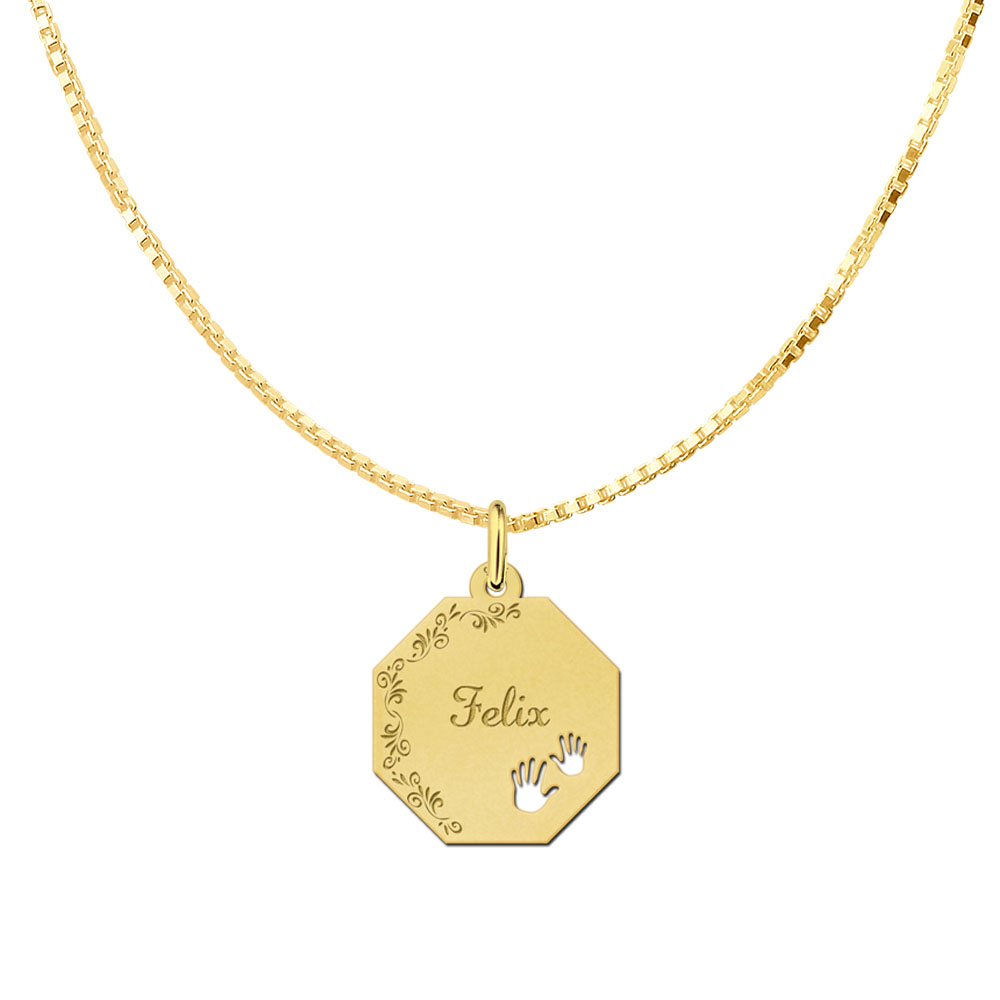 Colgante octogonal chapado en oro con borde de flores y manitas
